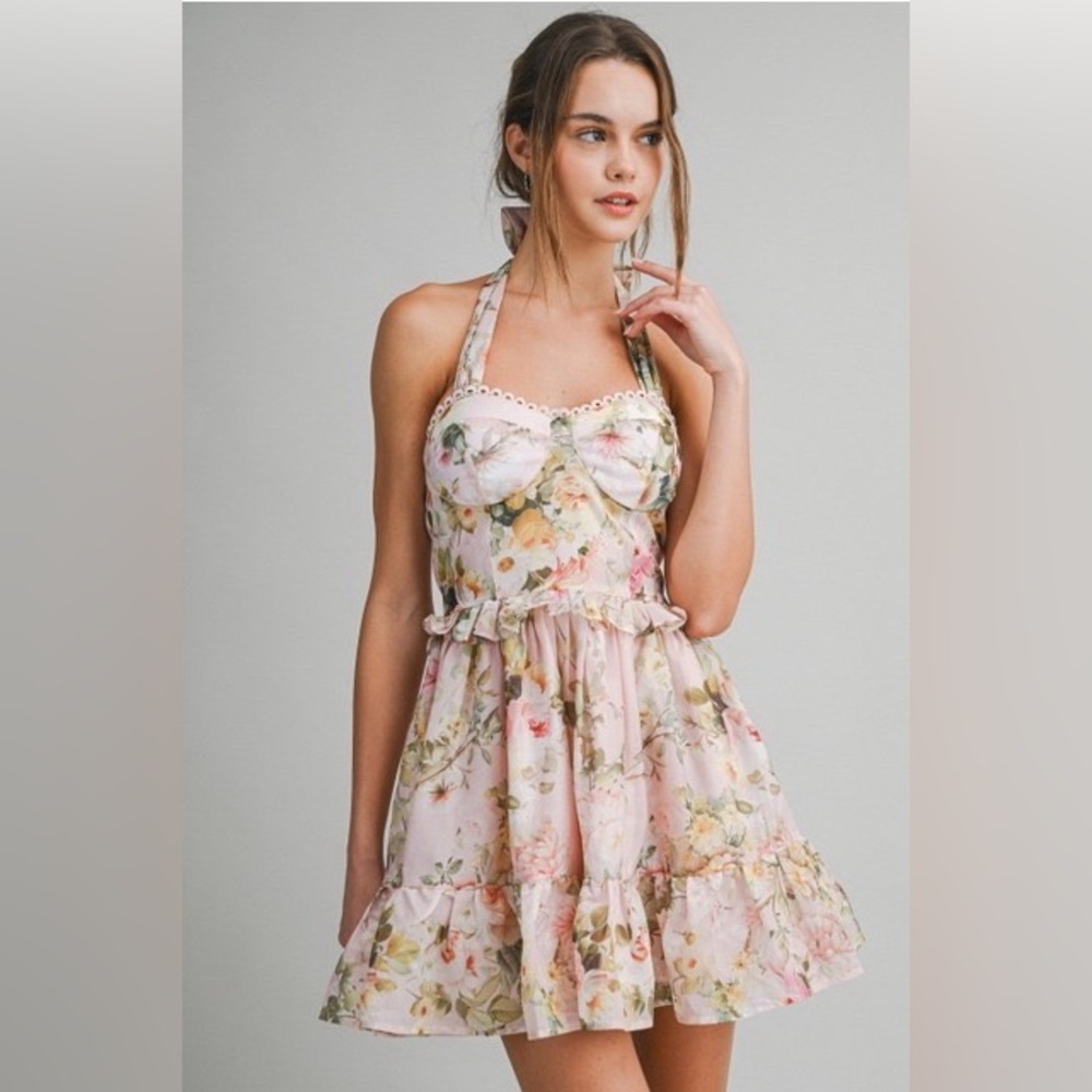 Floral Halter A-Line Mini Dress with Ruffle Hem - Le Cliche